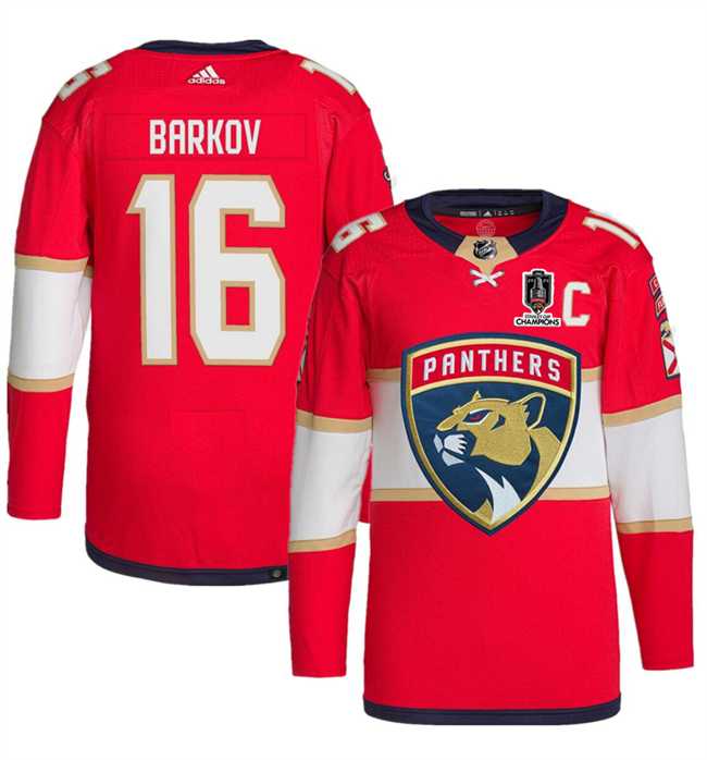 Men%27s Florida Panthers #16 Aleksander Barkov Red Home 2024 Stanley Cup Champions Stitched Jersey Dzhi